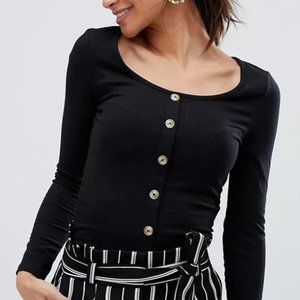 ASOS Petite Long Sleeve Ribbed Top with Buttons